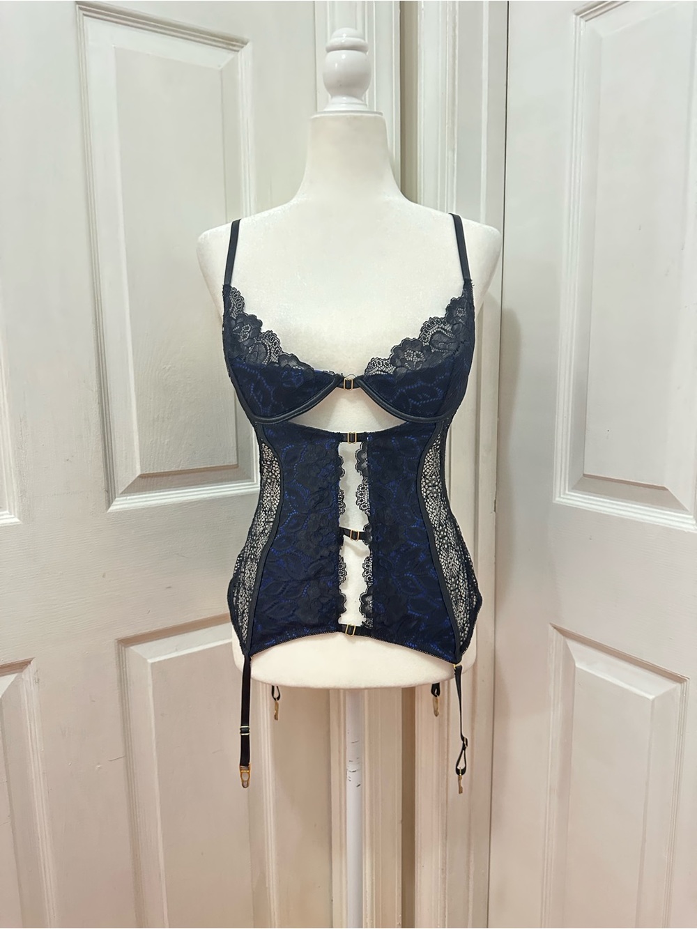 black and blue lace corset with garter hooks